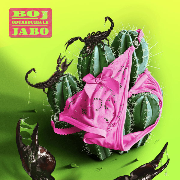 The image is a cover art for a song titled Jabo by BOJ and Odumodublvck. It features a vibrant green-yellow background. In the center, there is a cluster of green cacti adorned with black scorpions. Draped over the cacti is a bright pink lacy bra with a bow in the middle. In the top left corner, there is a pink box with the text "BOJ ODUMODUBLVCK JABO" written in green letters.