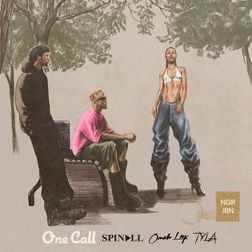 The cover art for Spinall's single One Call features the artists Omah, Tyla, and Spinall. The illustration portrays them in a casual setting, with Omah sitting on a bench in a pink shirt, Tyla standing confidently in the center wearing a white crop top and baggy jeans, and Spinall leaning against a tree in a black outfit. The background depicts a serene park scene, adding a relaxed and artistic vibe to the image.