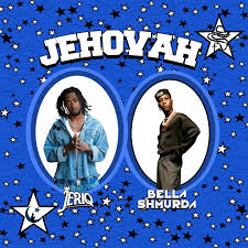 The cover art for Jehovah by Jeriq featuring Bella Shmurda features a cover art art with a blue background white small black and white stars. The title JEHOVAH is displayed at the top in black and white blocl letters.