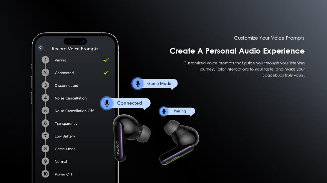 oraimo SpaceBuds voice prompts