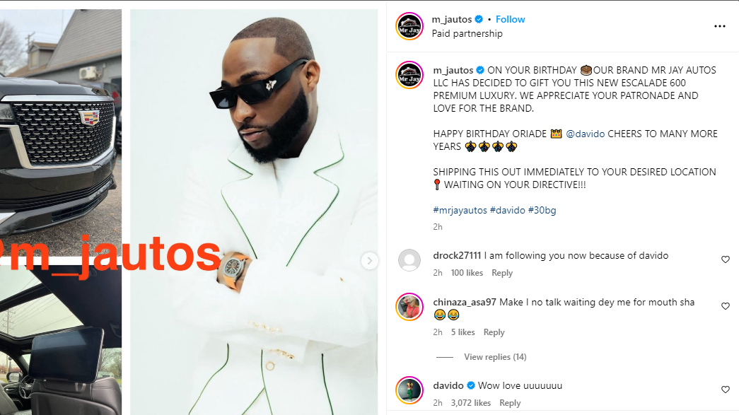 Davido receives N228m escalade as 32nd birthday gift from car dealer