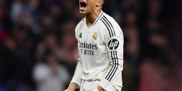 Kylian Mbappe celebrating a goal for Real Madrid