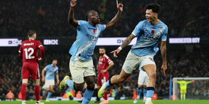 Doku celebrating his goal in the game, Manchester City vs Liverpool